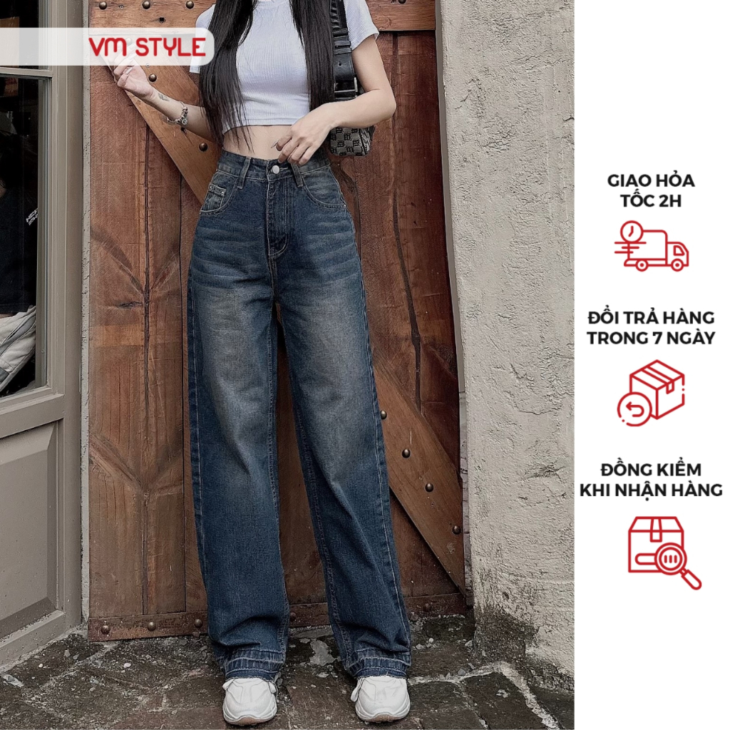 Quần jean ống rộng nữ VMSTYLE trơn cạp cao lai kiểu lua tua basic cá tính năng động 420 - QJR00142