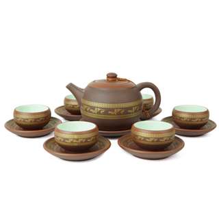 Bộ Ấm Chén Tử Sa Trống Đồng Dung Tích 350ml Gốm Sứ Bát Tràng Linh Khang Họa Tiết Chim Lạc của nghệ nhân Vương Mạnh Tuấn