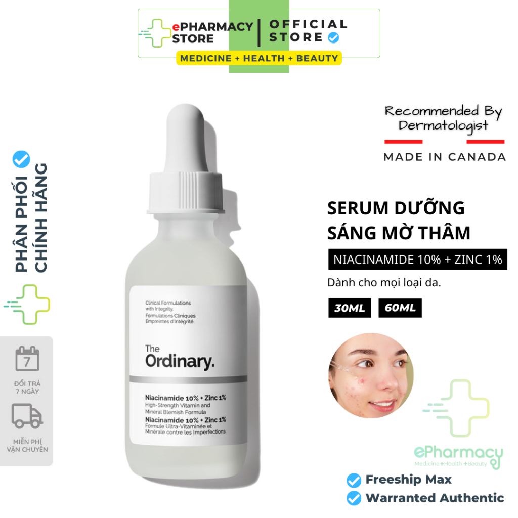 Serum ngừa mụn, sáng da, se khít Niacinamide 10% + Zinc 1% - The Ordinary 30ml