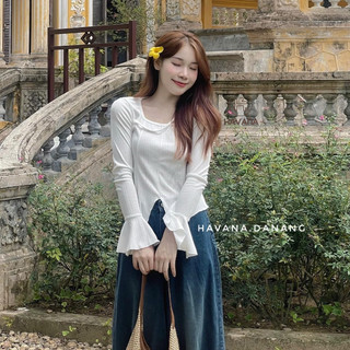 Áo thun tăm gân tay loe cổ vuông phối dây chéo havana be102