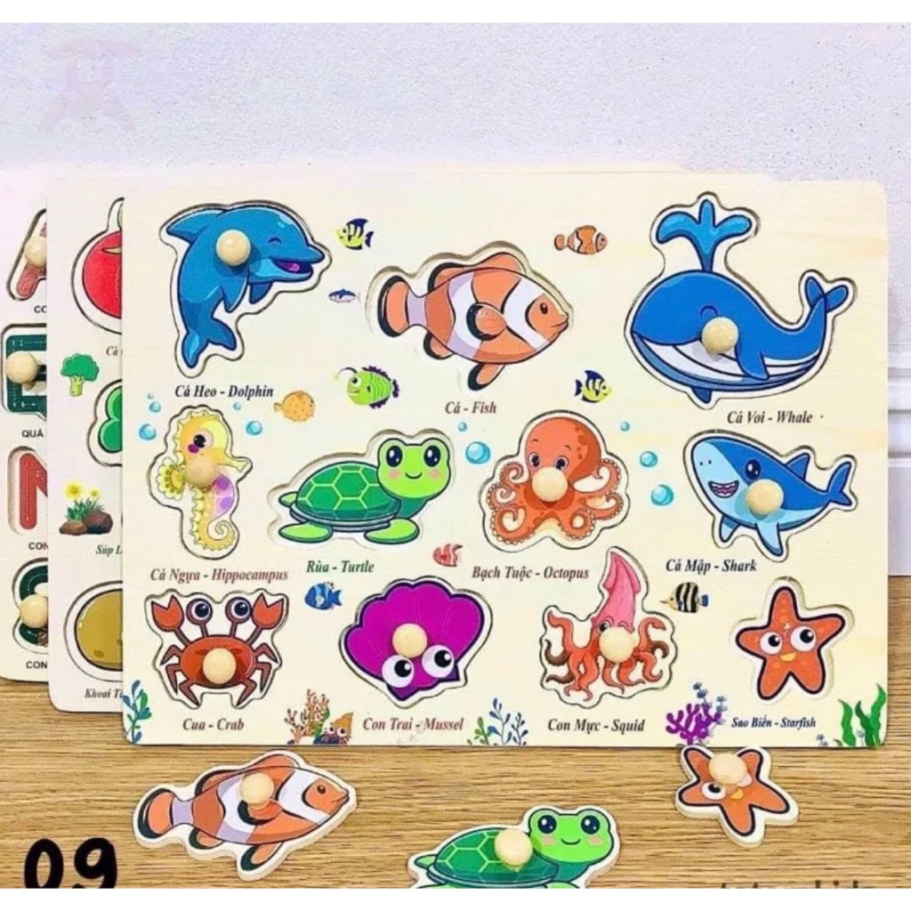 Đồ Chơi Cho Bé, Bảng Núm Gỗ Ghép Hình Nhiều Chủ Đề