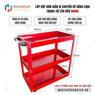 Xe đẩy dụng cụ 3 tầng có khóa bánh, tay cầm, độ dày 1mm, chắc chắn HTD-08, tải trọng 100kg