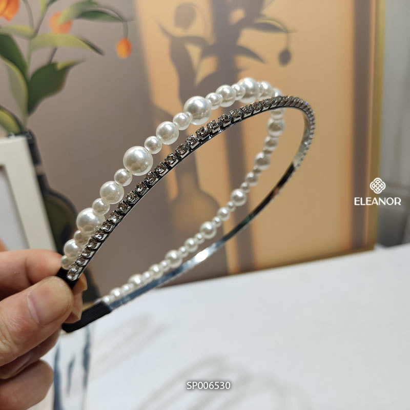 Băng đô cài tóc nữ Eleanor Accessories viền đôi đính đá ngọc trai nhân tạo phụ kiện tóc 4045