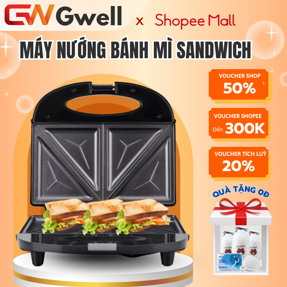 Máy Nướng Bánh Mì Sandwich GWELL Làm Nóng Chín Đều 2 Mặt Công Suất 750W Chống Dính Tốt Nướng Nhanh Chóng Tiện Lợi SK550