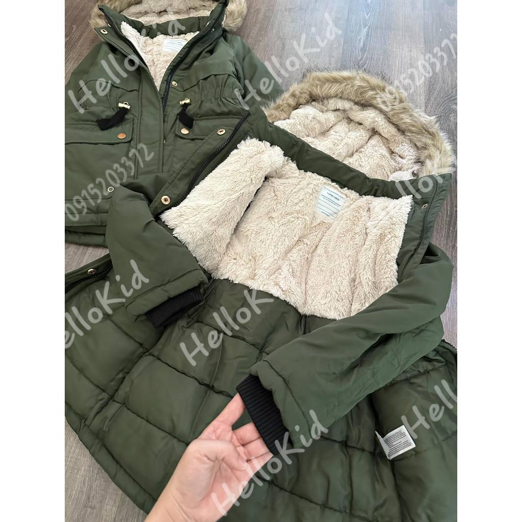 Áo khoác parka rêu prima lót lông thỏ bé gái