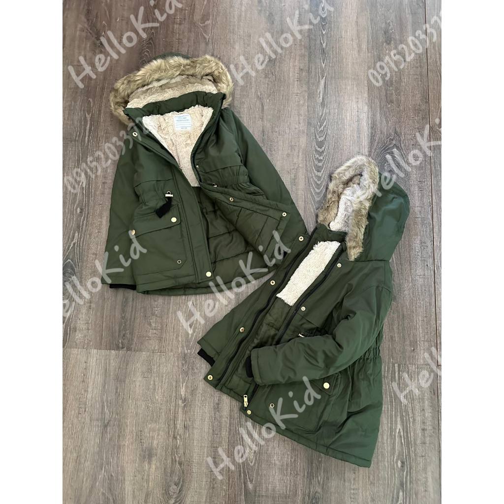 Áo khoác parka rêu prima lót lông thỏ bé gái