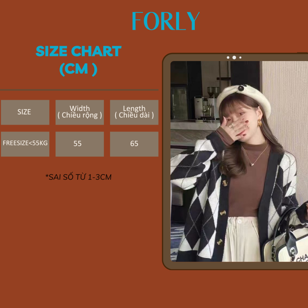 Áo khoác cardigan Forgirlstudio dáng rộng họa tiết kẻ trám đen hồng phong cách Hàn Quốc FG017