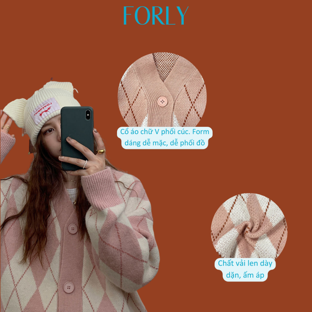 Áo khoác cardigan Forgirlstudio dáng rộng họa tiết kẻ trám đen hồng phong cách Hàn Quốc FG017
