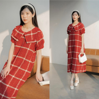 Đầm dạ tweed dáng dài cổ 2 lớp, phom suông A basic, dáng dài style cực kỳ Hàn quốc