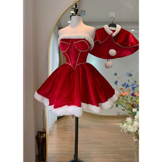 Váy Nhung đỏ Noel cao cấp phối lông Đan đây TKCC kèm choàng