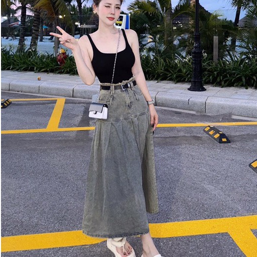 Chân váy jean xếp ly dáng dài Maylily Store
