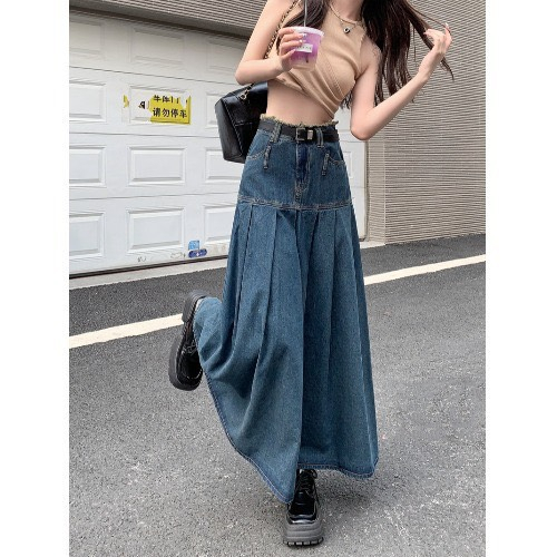 Chân váy jean xếp ly dáng dài Maylily Store