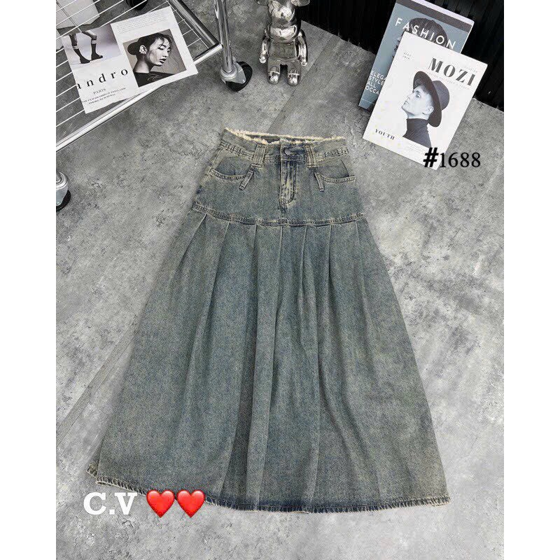 Chân váy jean xếp ly dáng dài Maylily Store