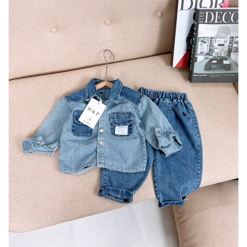 Sét bộ áo áo sơ mi jean bò kẻ phối quần jean dài mềm cho bé trai