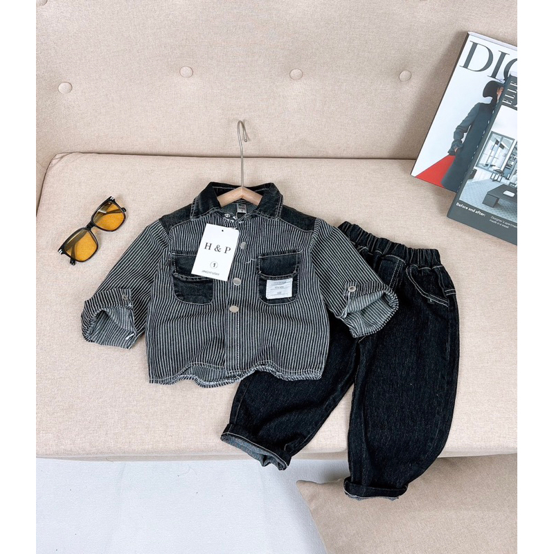Sét bộ áo áo sơ mi jean bò kẻ phối quần jean dài mềm cho bé trai