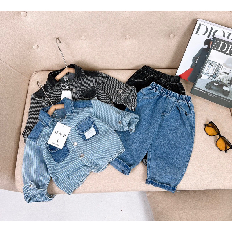 Sét bộ áo áo sơ mi jean bò kẻ phối quần jean dài mềm cho bé trai