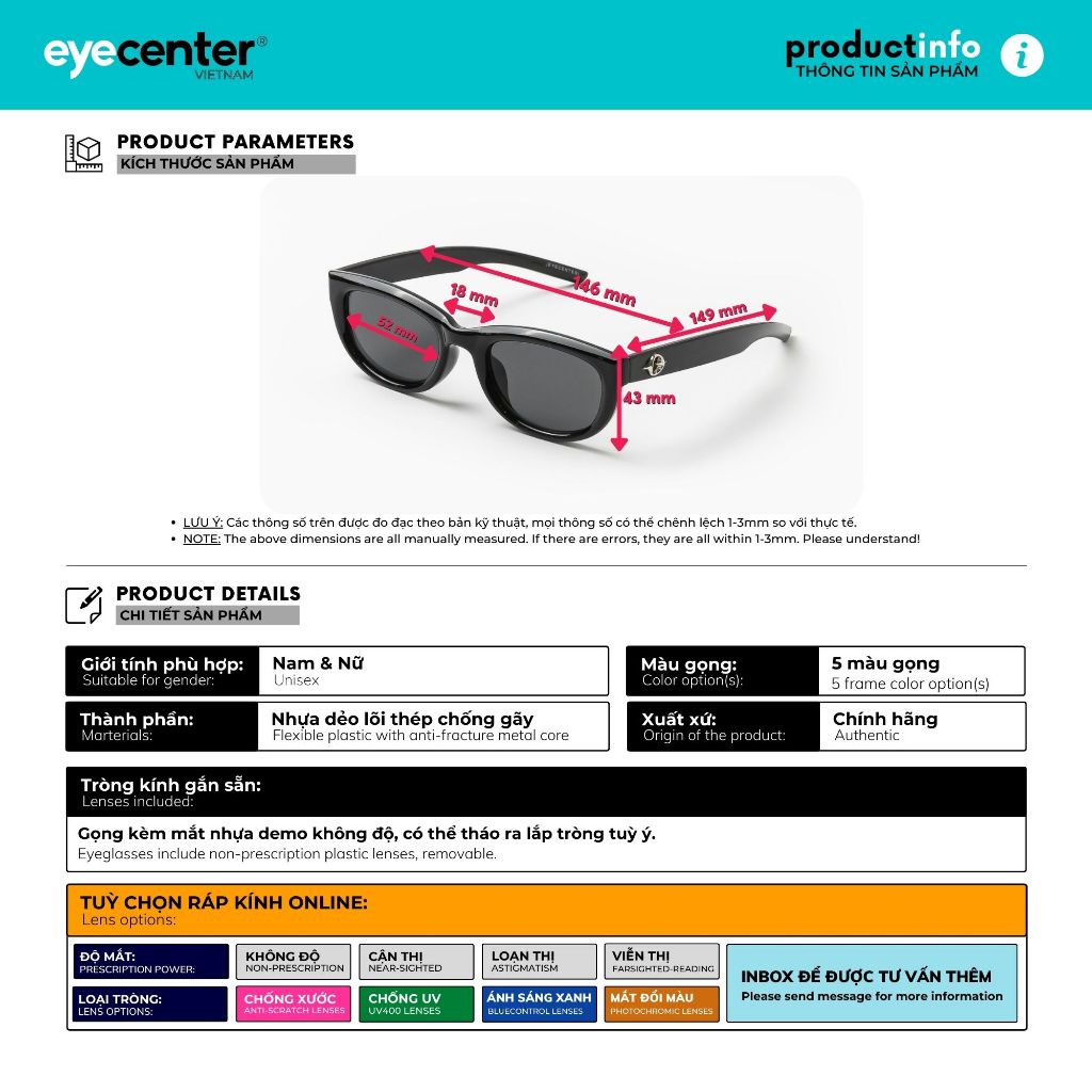 Kính mát nữ chính hãng EYECENTER S63S nhựa dẻo siêu nhẹ nhập khẩu by Eye Center Vietnam