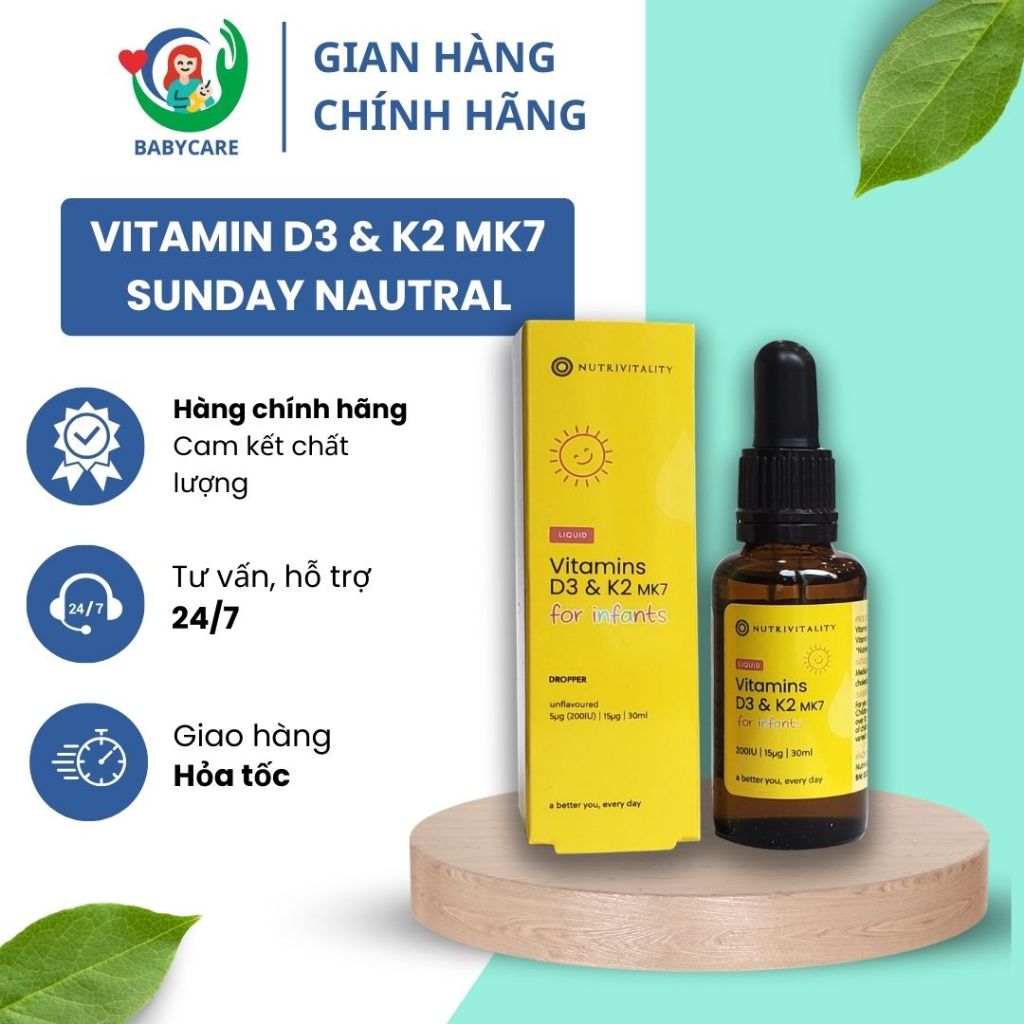 Vitamin D3 K2 MK7 Sunday Natural Anh Quốc 30ml, d3k2mk7 bổ sung vitamin cho bé BABYCARE