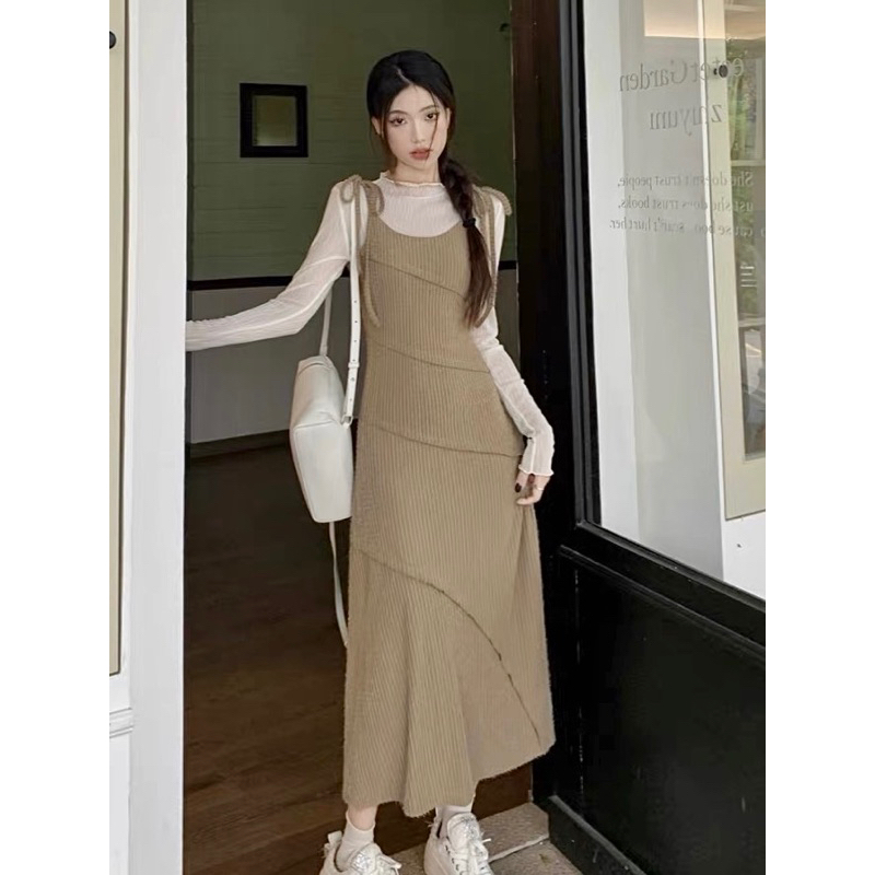 Set áo thun dài tay phối váy 2 dây dáng dài YIMI Set váy nữ thu đông