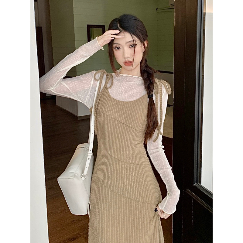 Set áo thun dài tay phối váy 2 dây dáng dài YIMI Set váy nữ thu đông