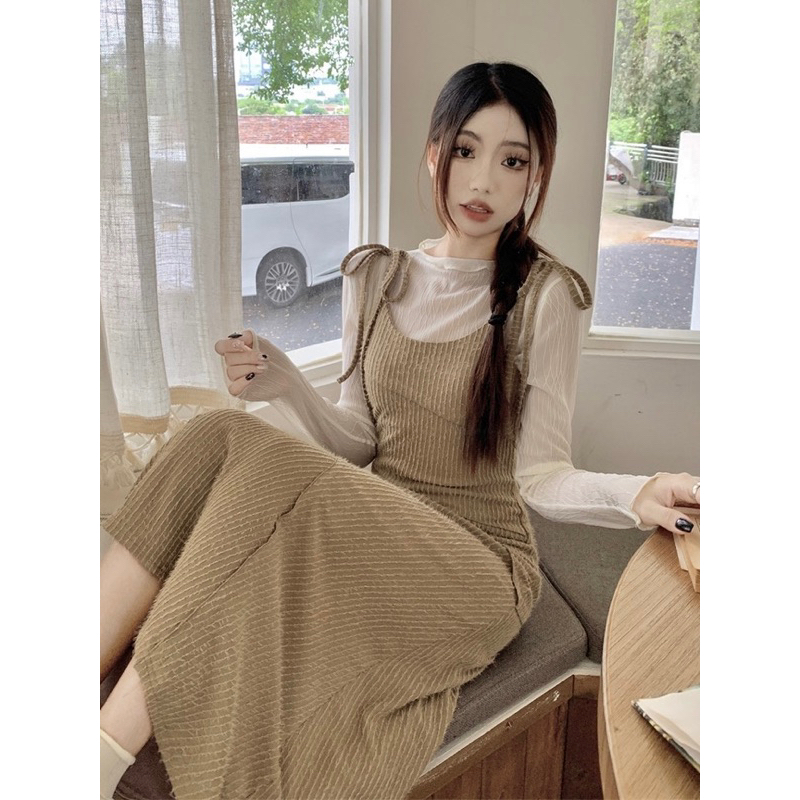 Set áo thun dài tay phối váy 2 dây dáng dài YIMI Set váy nữ thu đông