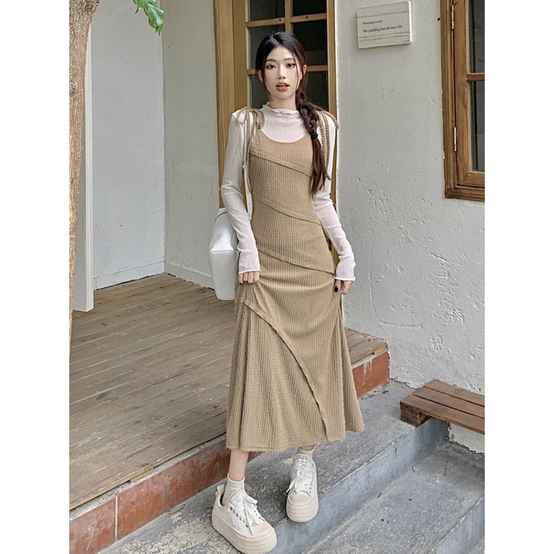 Set áo thun dài tay phối váy 2 dây dáng dài YIMI Set váy nữ thu đông