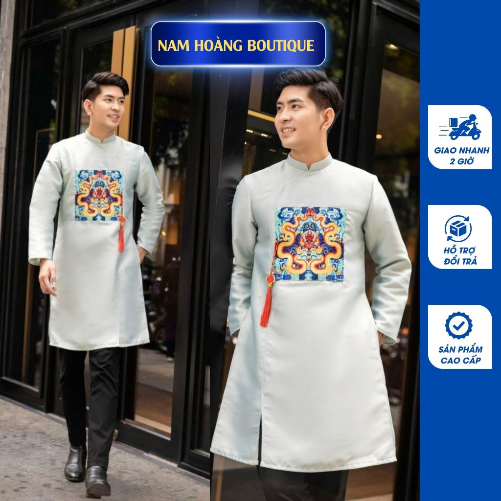 Áo dài nam cách tân chất liệu tafta đắp chiện hình rồng màu xanh nhạt - Áo Dài Nam Hoàng