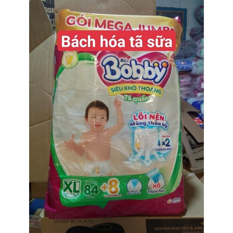 Tặng 8 miếng Tã quần bobby Mega Jumbo XL 92 miếng 12-17kg lõi nén mỏng