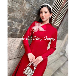 Áo Dài Thiết Kế Cổ Sẻ Chéo Cách Điệu Chất Lụa Tafta Đính Hoa Hình Con Bướm Phối Quần Lụa Trắng