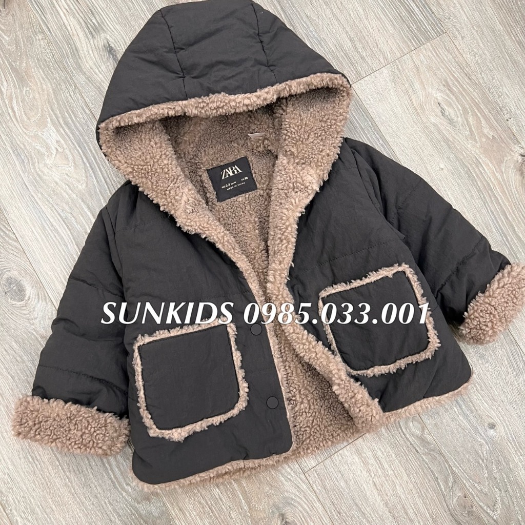 Áo phao bé trai bé gái lót lông túi hộp XÁM ĐẬM