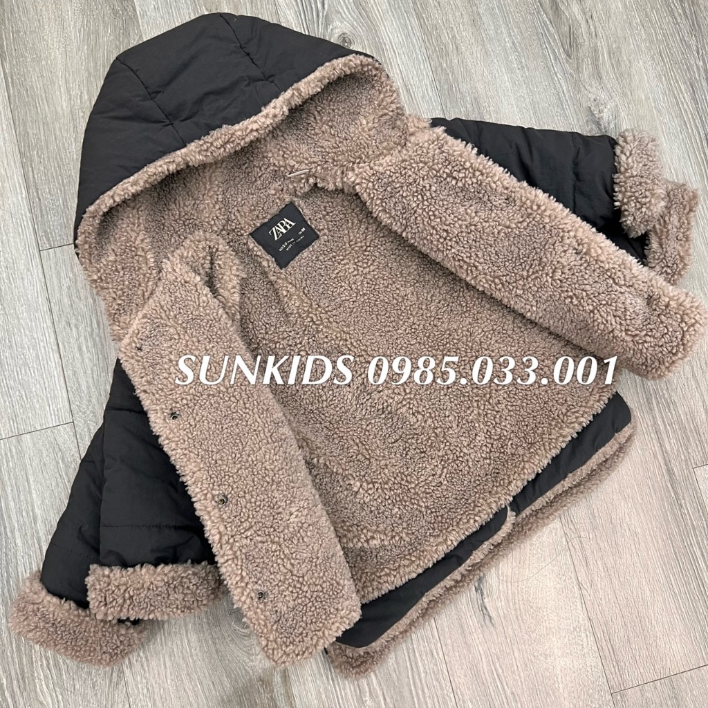 Áo phao bé trai bé gái lót lông túi hộp XÁM ĐẬM