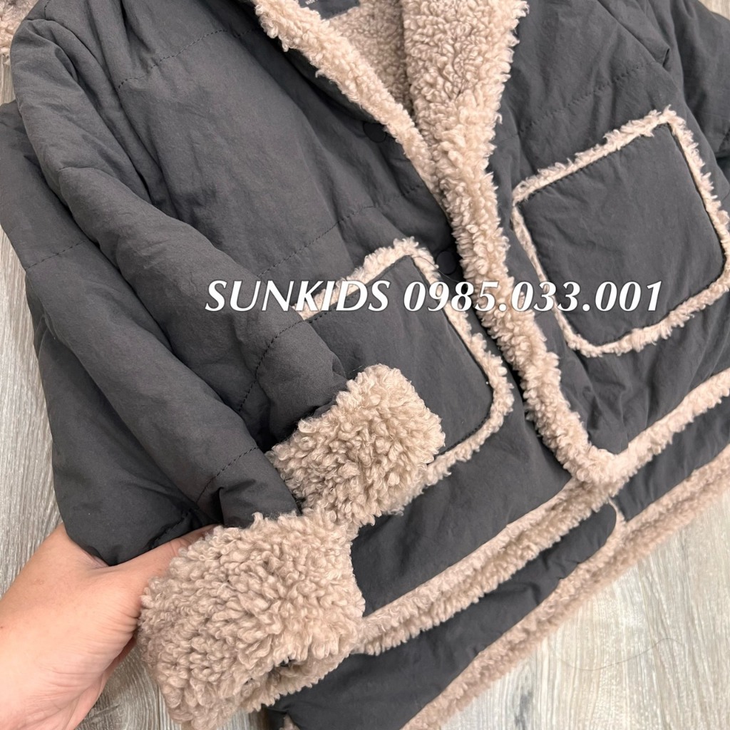 Áo phao bé trai bé gái lót lông túi hộp XÁM ĐẬM