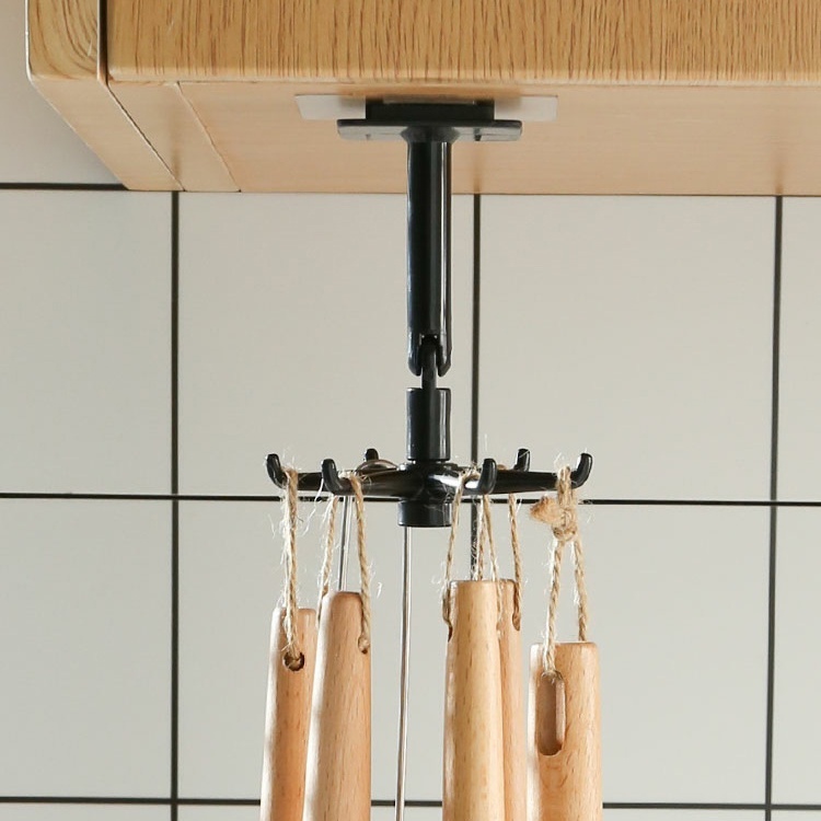 Móc Dán Tường 6 Nhánh Treo Đồ Đa Năng Xoay 360° Siêu Dính - Móc Treo Vá, Muỗng, Thìa Nhà Bếp Siêu Chịu Lực