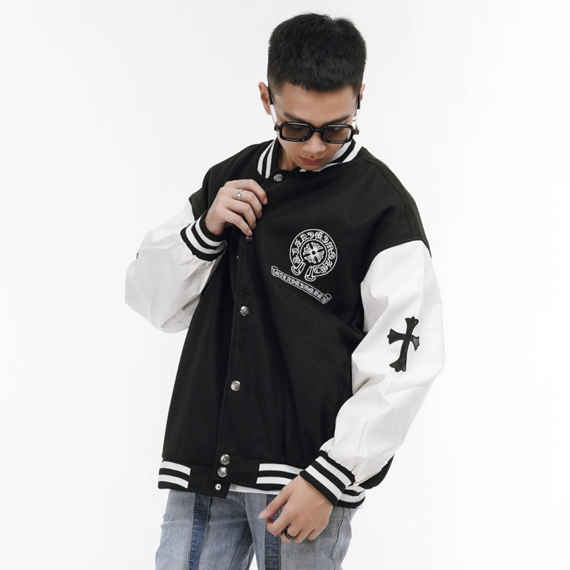 Áo Khoác Bomber Phối Tay Da Áo Khoác Bomber Dạ 2 Lớp Unisex Cao Cấp