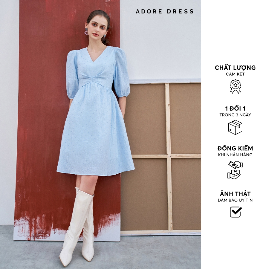 Đầm Midi dresses casual style poly hạt nổi trơn blue 312DR2033 ADORE DRESS