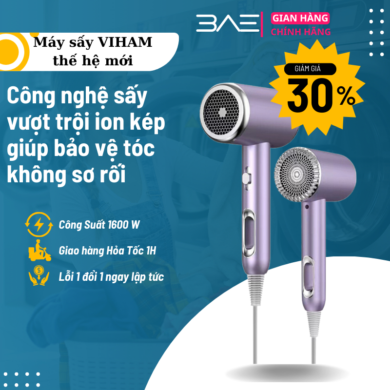 Máy sấy tóc tạo kiểu VIHAM công suất lớn tạo ion âm kèm ánh sáng xanh bảo vệ tóc an toàn khi sử dụng