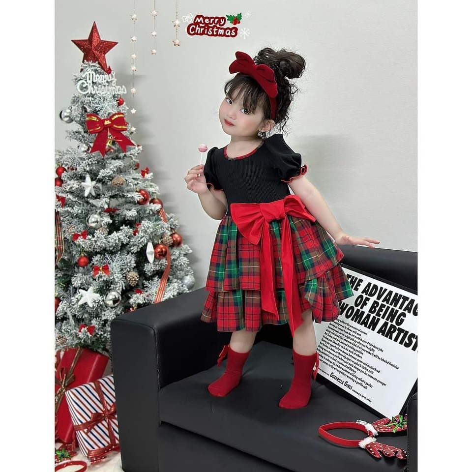Váy bé gái kẻ dạ đỏ cài nơ và kèm bờm tóc cho bé diện Noel diện tết 10-30kg XHN1456