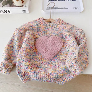 Áo len dệt kim cổ tròn hàng QCCC hình trái tim cho bé gái 13- 26 ký