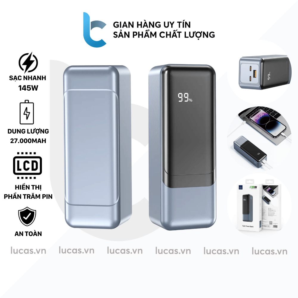 Sạc Dự Phòng WIWU Tank 145W Wi-P010 Dung Lượng 27.000mAh, Sạc Nhanh PD 145W Cho Macbook/ Laptop, Màn Hình LCD Thông Minh