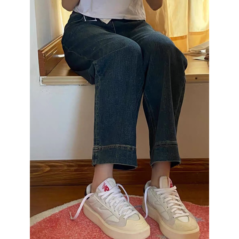 Quần Jean Nữ Ống Suông Màu Xanh Xám Dơ Lai Cuốn