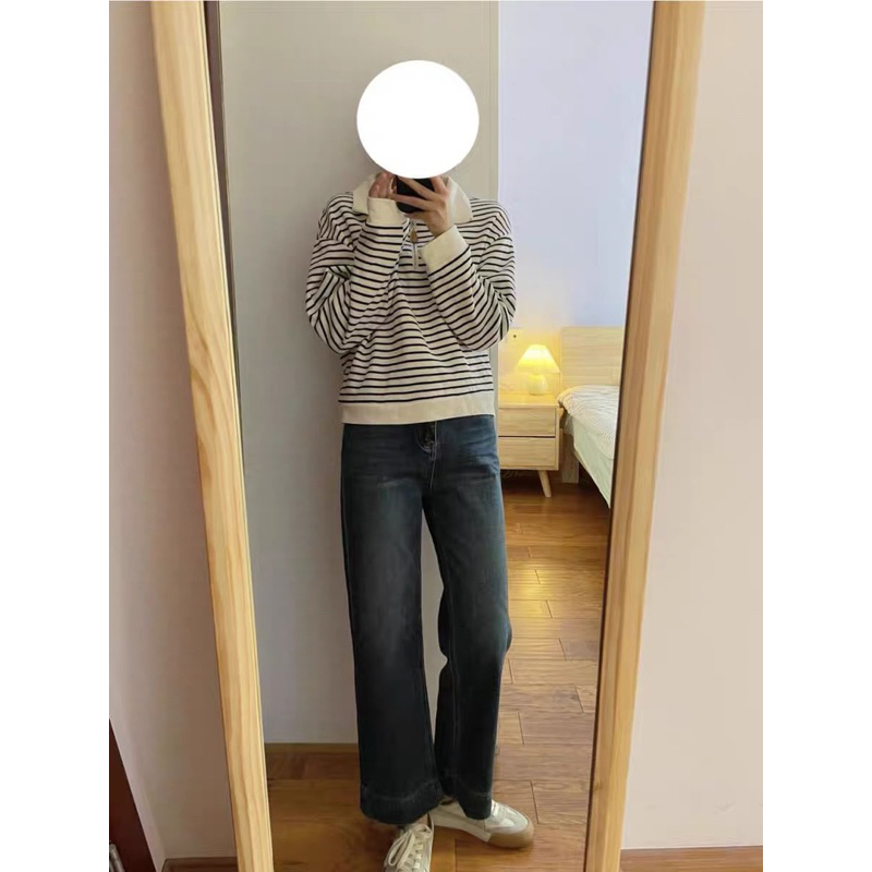 Quần Jean Nữ Ống Suông Màu Xanh Xám Dơ Lai Cuốn