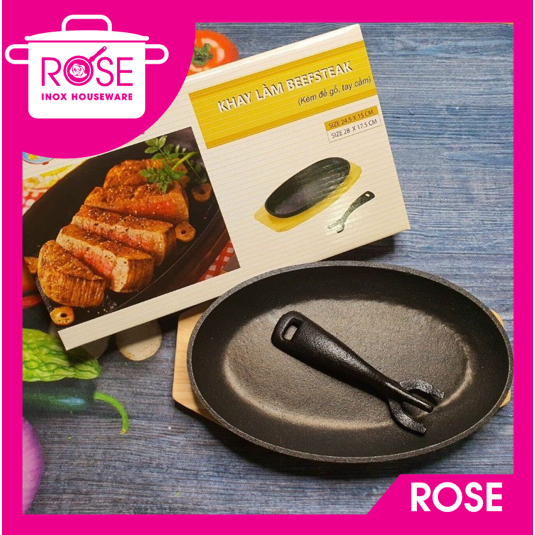 Chảo gang oval làm bò né, bò beefsteak đặt biệt - Bộ chảo gang Oval DRAGON chống dính kèm đế gỗ và gắp chảo tiện lợi