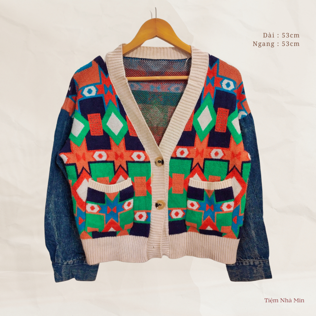 [2hand clothing] Áo khoác len - cardigan hoạ tiết tay phối
