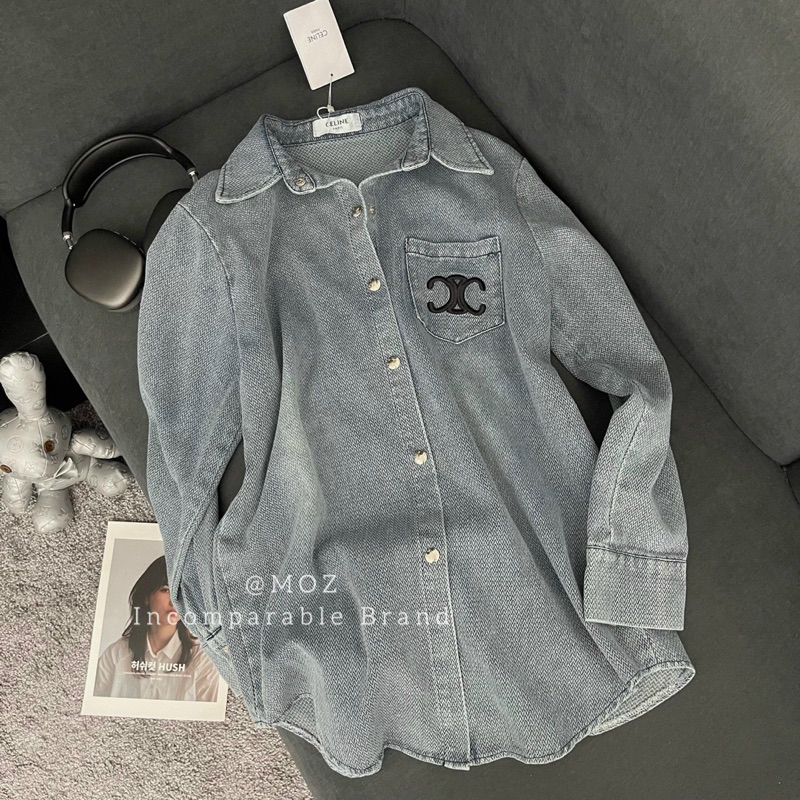 Áo Sơ Mi Jeans Dài Tay Thêu Túi