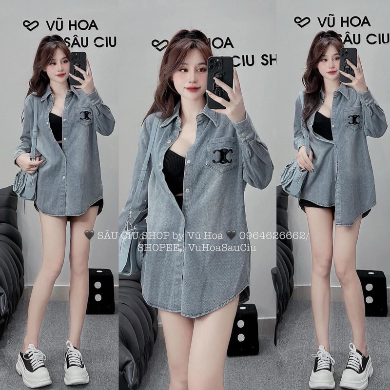 Áo Sơ Mi Jeans Dài Tay Thêu Túi