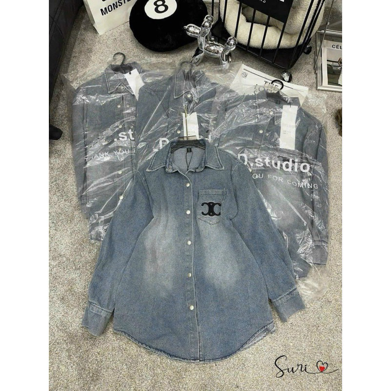 Áo Sơ Mi Jeans Dài Tay Thêu Túi
