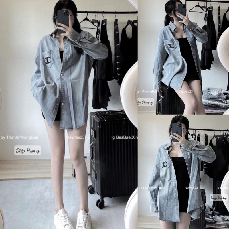 Áo Sơ Mi Jeans Dài Tay Thêu Túi