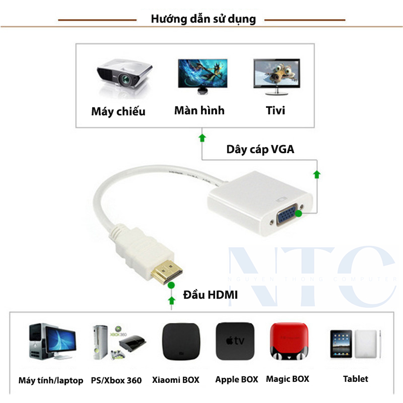 Cáp  chuyển đổi cổng HDMI sang VGA  máy  tính  sang màn  hình  máy  chiếu chất lượng fullHD
