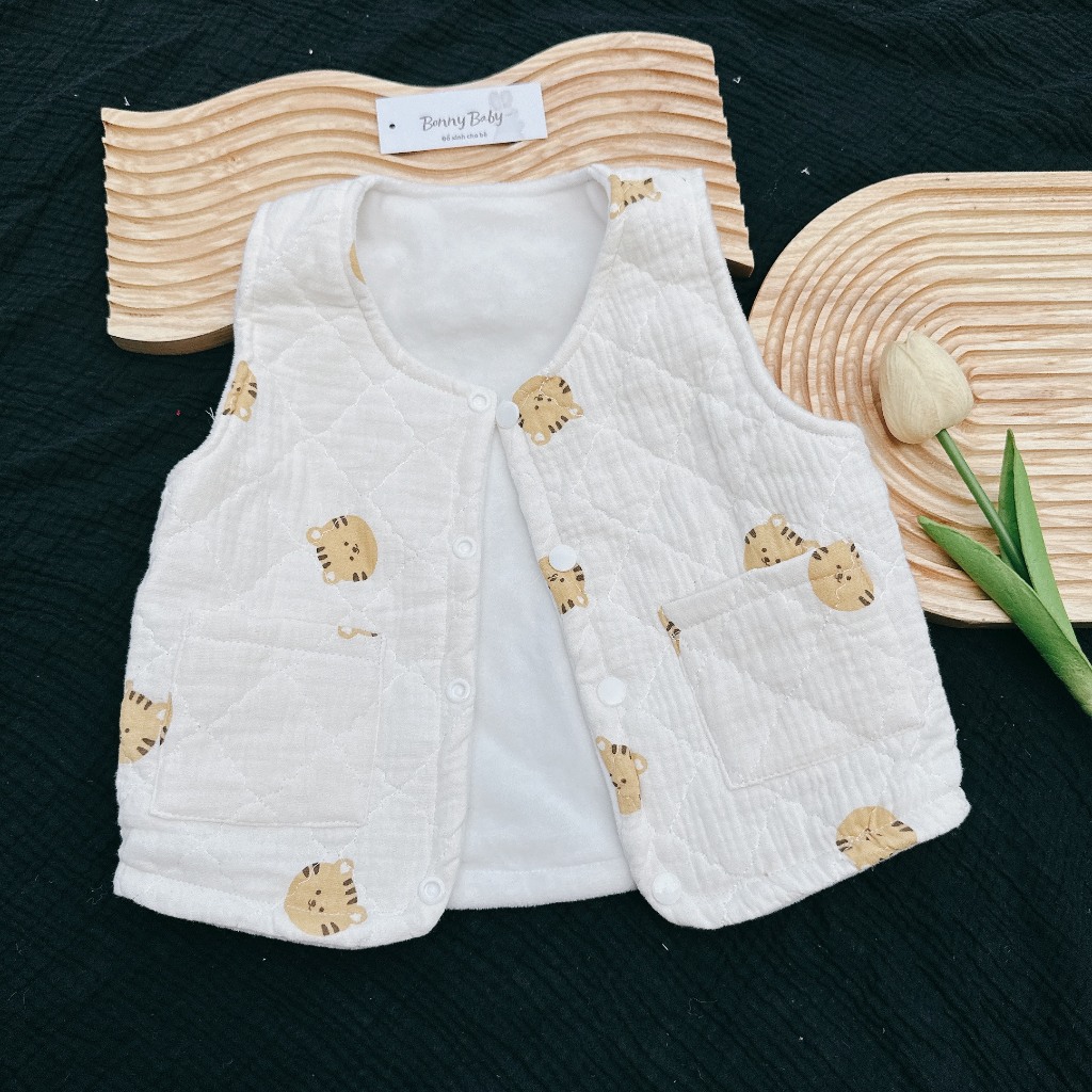 Áo Gile Trần Bông Họa Tiết Mèo Phối Túi Hông  Cực Xinh Dành Cho Bé, Áo Thu Đông Trẻ Em