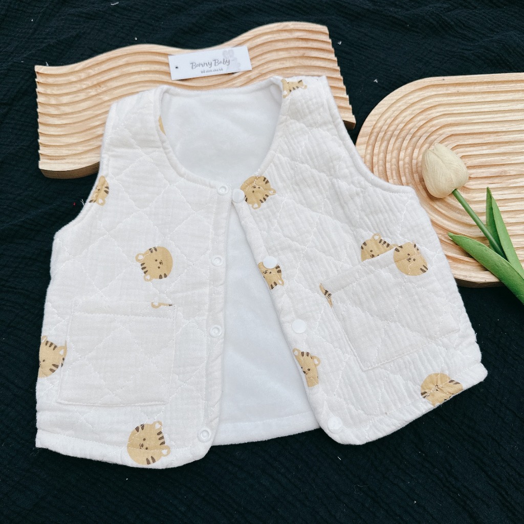 Áo Gile Trần Bông Họa Tiết Mèo Phối Túi Hông  Cực Xinh Dành Cho Bé, Áo Thu Đông Trẻ Em